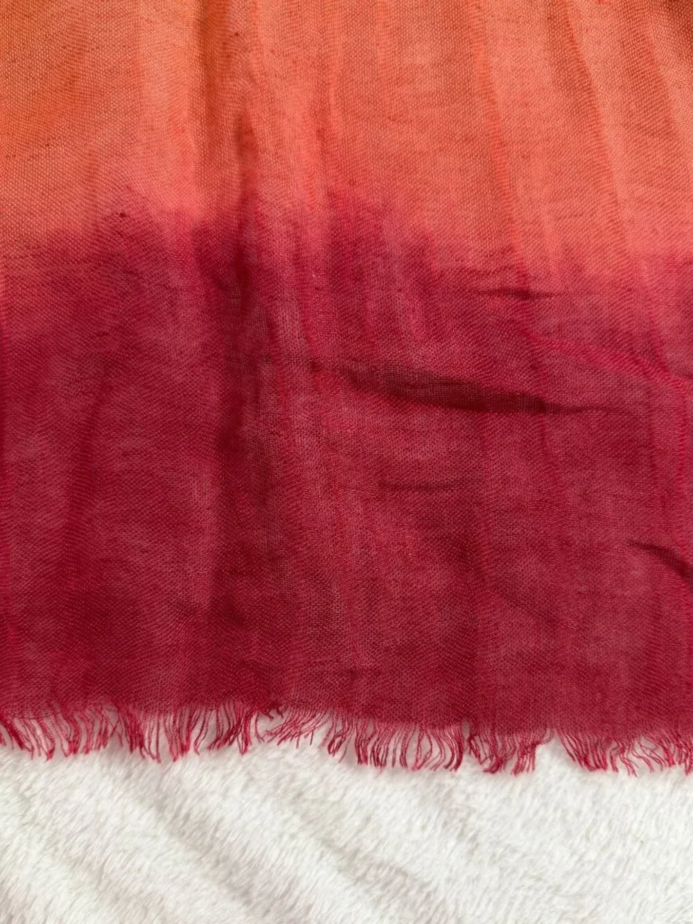 Nalini Linen Blend Scarf Ombre Rust Burgundy Tie-Dye 74x18 Fringe Trim Boho